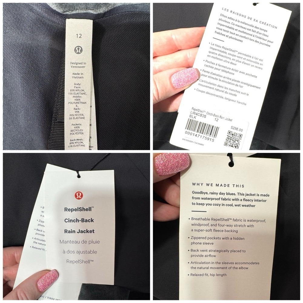 Lululemon RepelShell Cinch Back Rain Jacket Waterproof Windproof Velour Lined 12 - Picture 13 of 13
